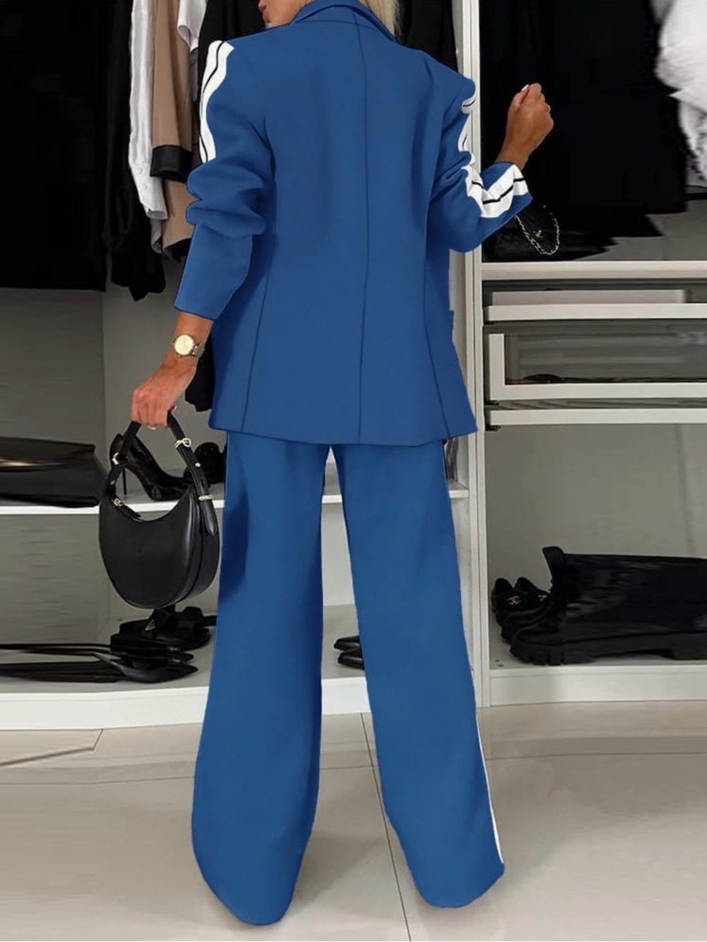Blue Wide-Leg Trousers with Side Stripe - Women's Suit